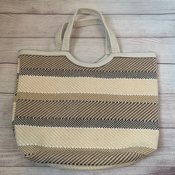 Handbags - Handbag Purse Tote Striped Cream Beige Black Pattern Braided Straps Open Top